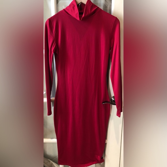 Womens Turtleneck Long Sleeve Bodycon Midi Sheath Dress in red - Picture 6 of 10